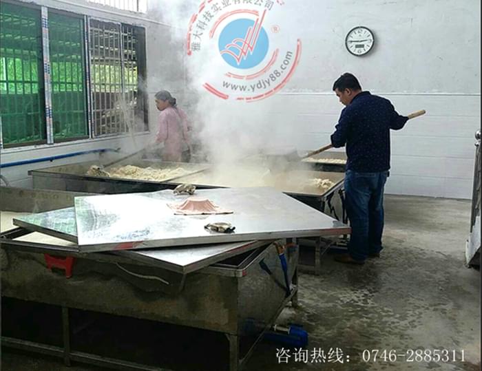 雅大客戶——飯出鍋了，沈仔土酒的員工正在辛勤的攪拌攤涼，下酒曲